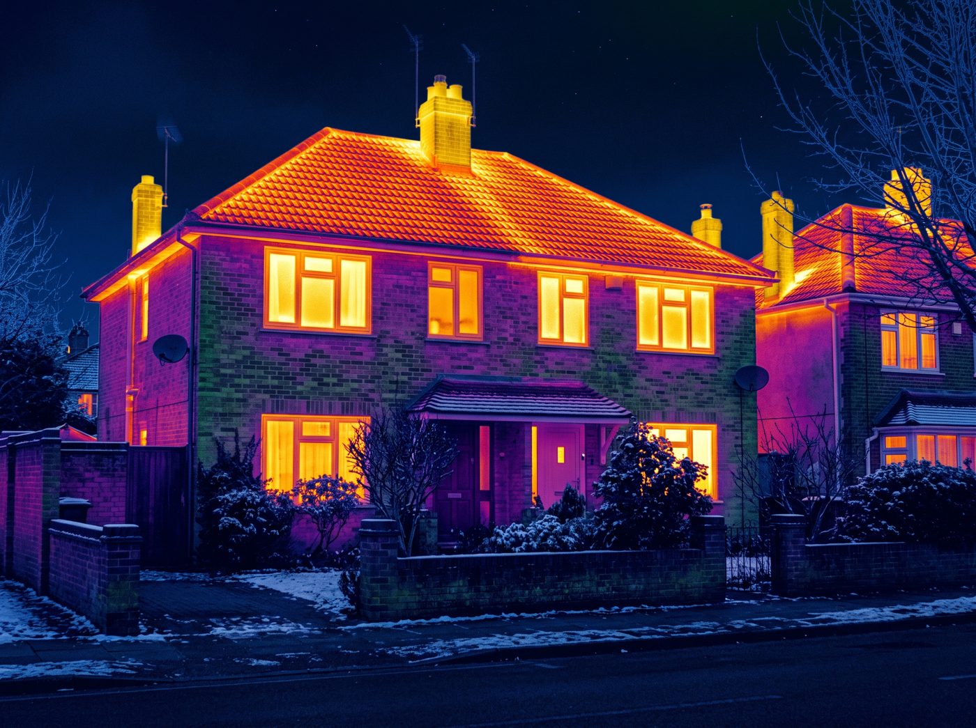 Thermal image of a UK home losing heat through an uninsulated roof